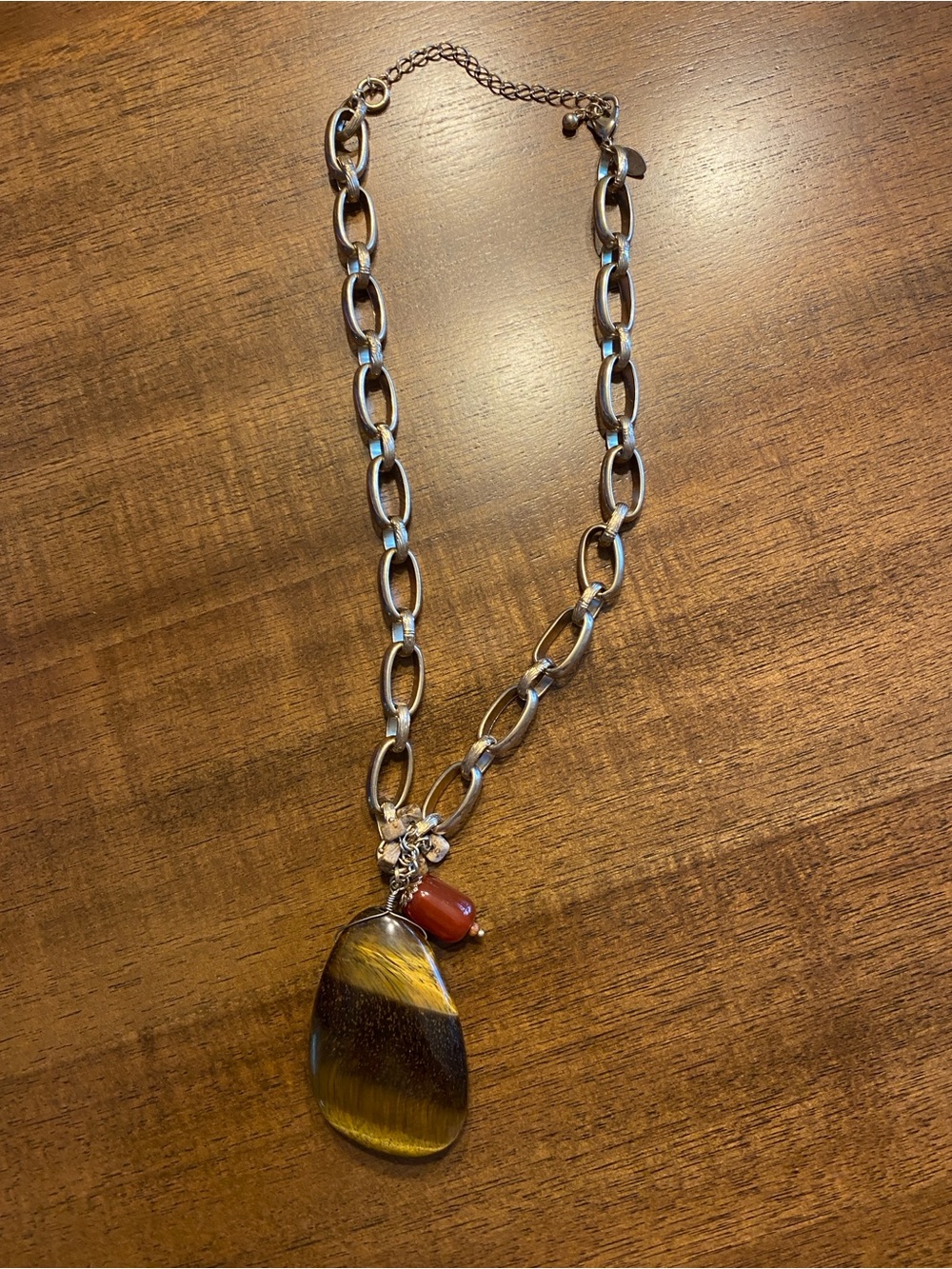 Lia Sophia Silver-Tone Chain Necklace with Tiger Eye Pendant and Red Accent